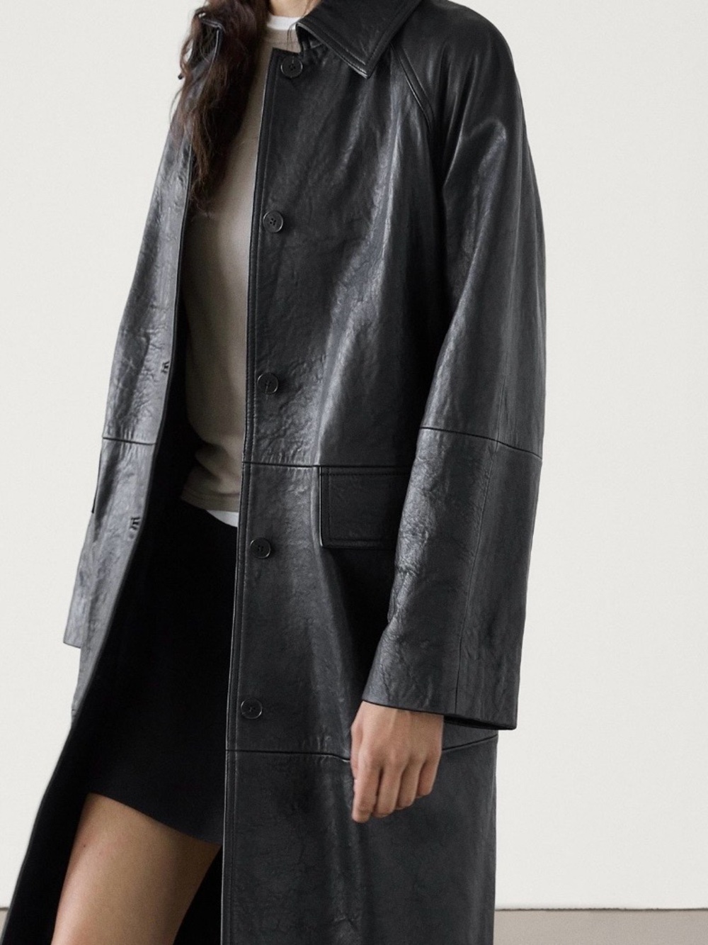 Massimo Dutti Women's Black Leather Long Coat